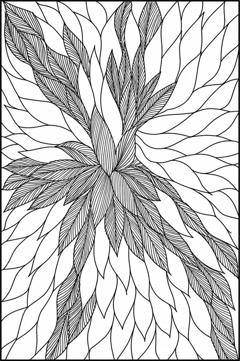 Bloom page of leaves, half of them filled with fine hatching.