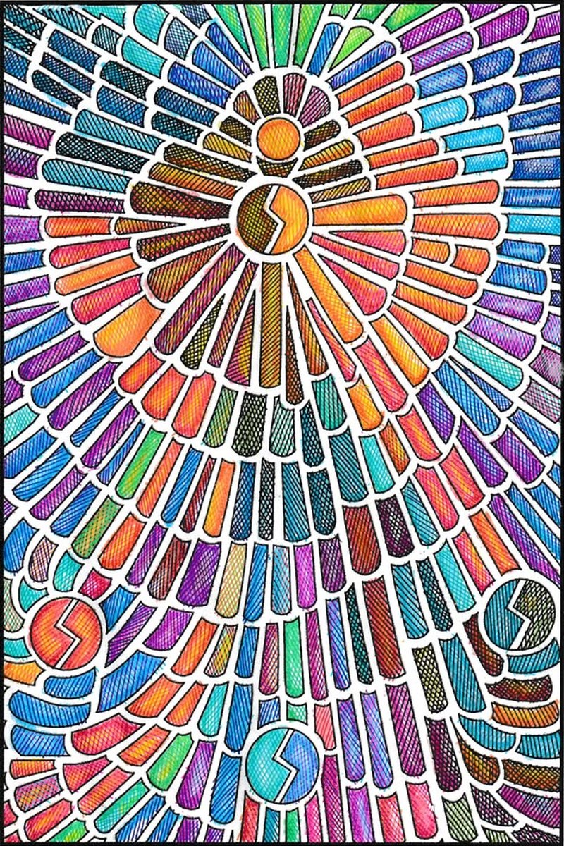 Sunburst page colored in purple, orange, teal and blue marker.