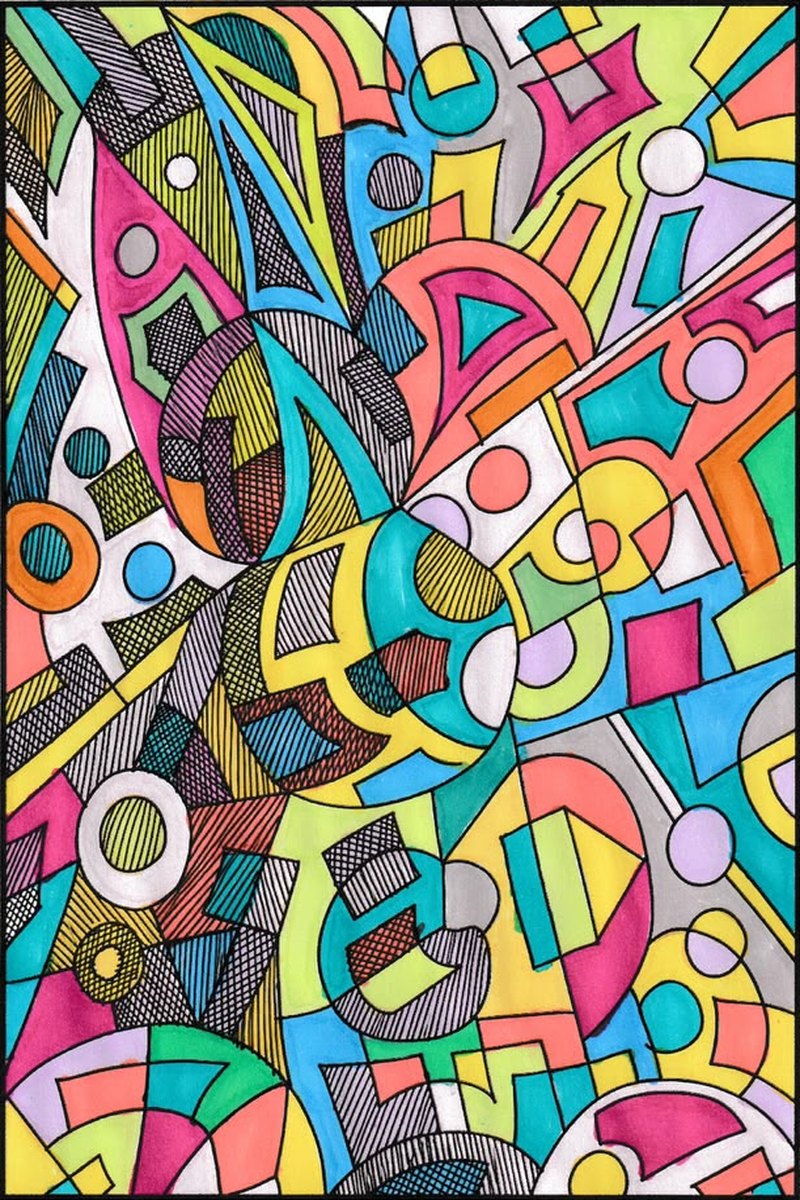 Shapes page colored in bright marker.